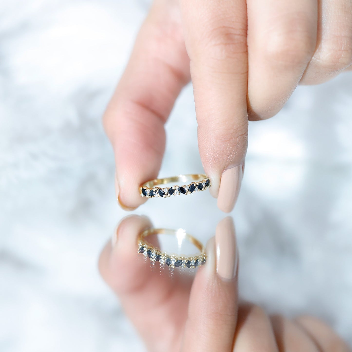 Natural Marquise Black Spinel Diamond Half Eternity Ring