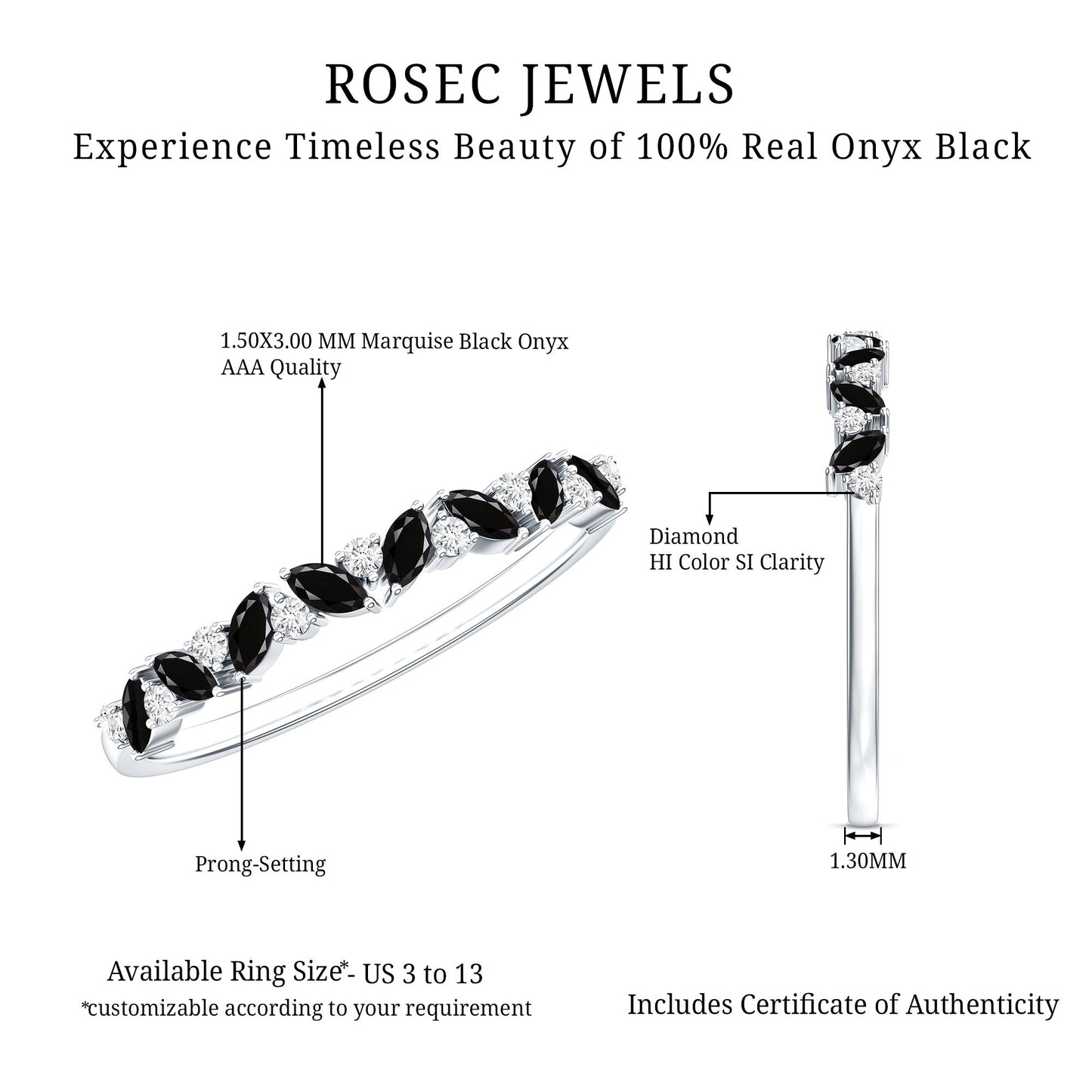 Minimalist Black Onyx and Diamond Half Eternity Ring