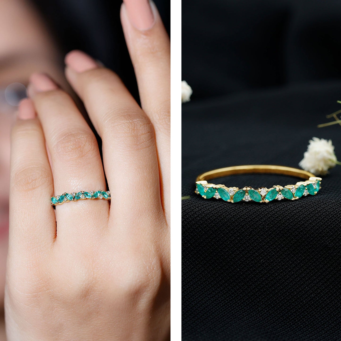 Marquise Emerald and Diamond Half Eternity Ring