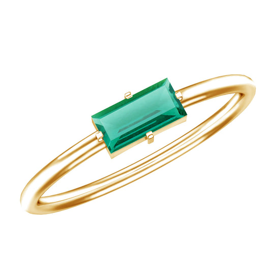 Baguette Cut Lab Emerald Solitaire Promise Ring in East West Style