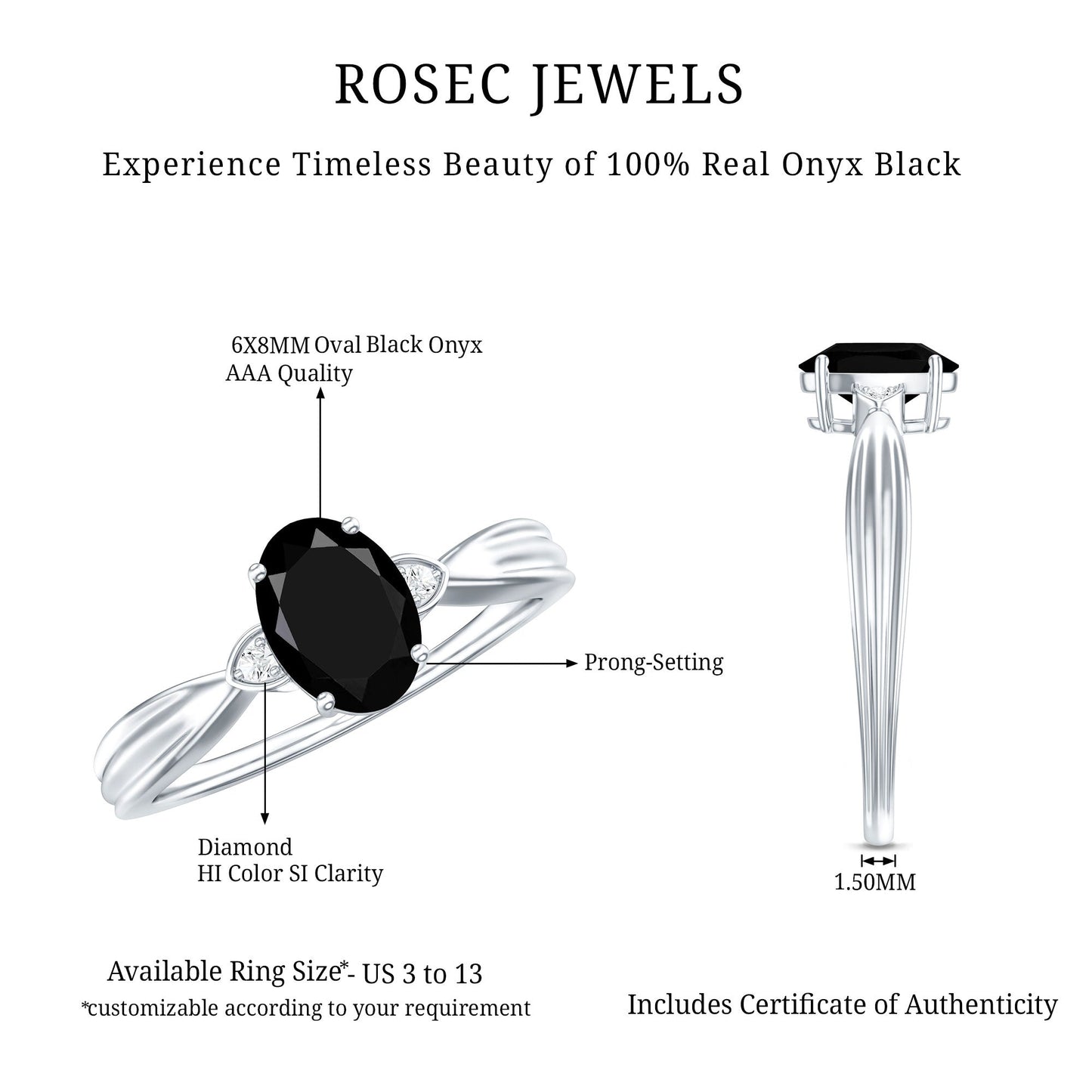 Solitaire Black Onyx Oval Engagement Ring with Diamond