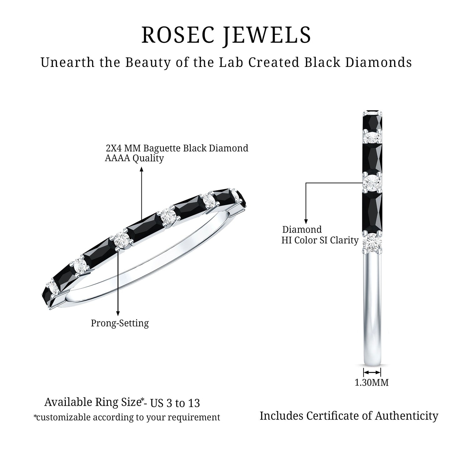 Certified Baguette Lab Grown Black and White Diamond Half Eternity Ring