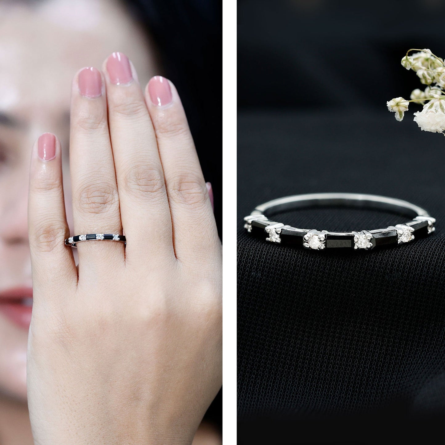 Certified Baguette Lab Grown Black and White Diamond Half Eternity Ring