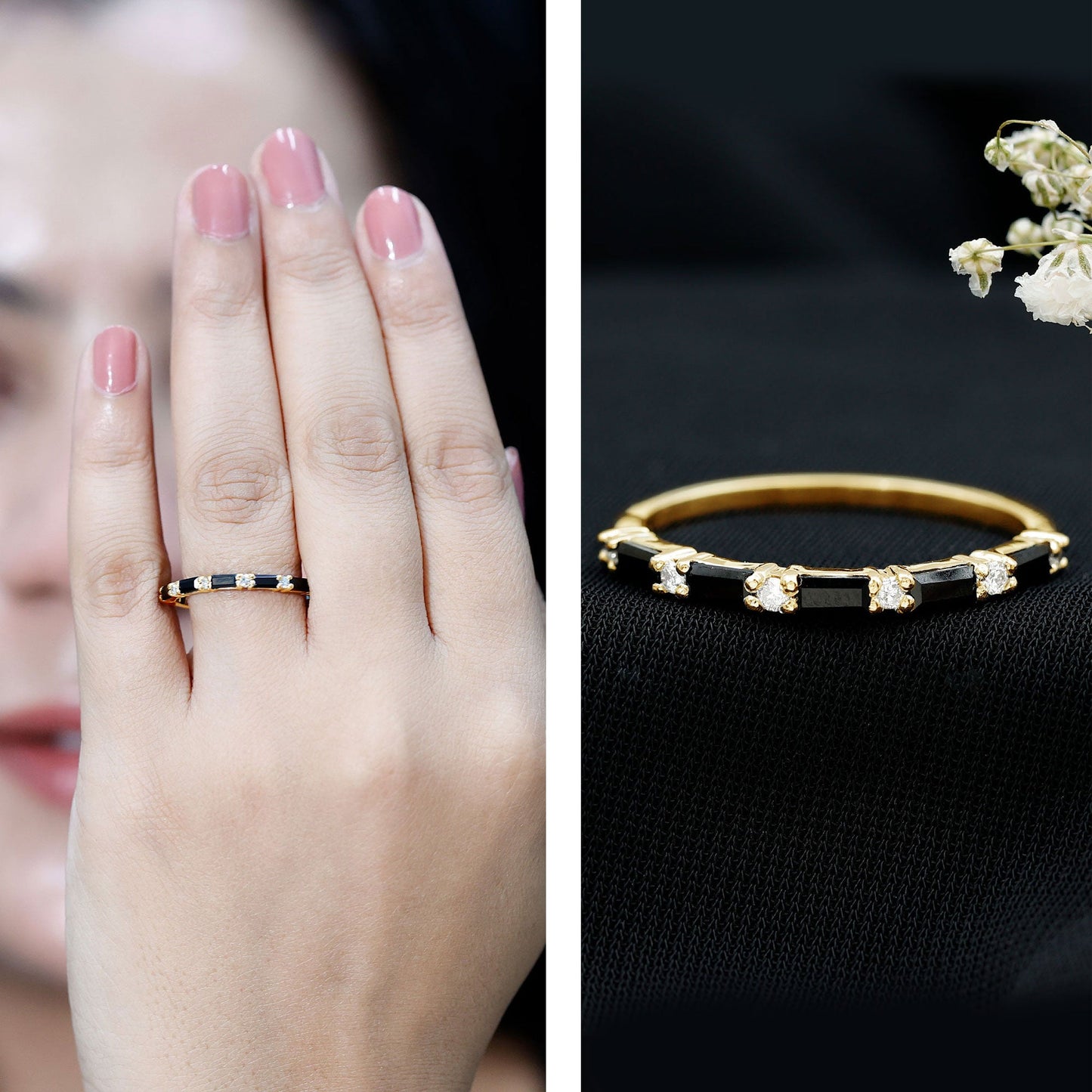 Certified Baguette Lab Grown Black and White Diamond Half Eternity Ring