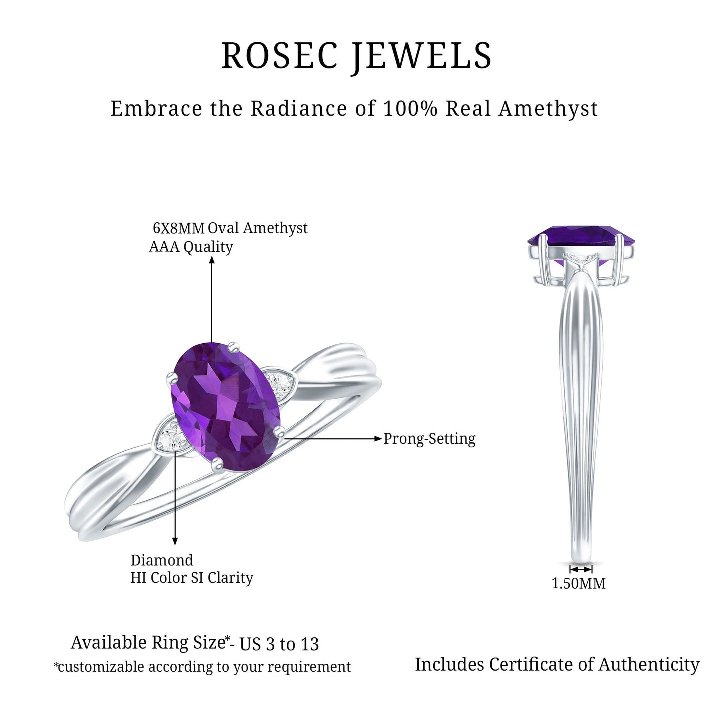 1 Carat Amethyst Oval Engagement Ring with Diamond