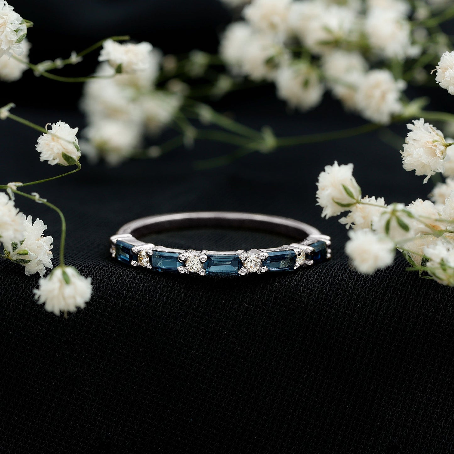 Baguette London Blue Topaz and Diamond Stackable Band Ring
