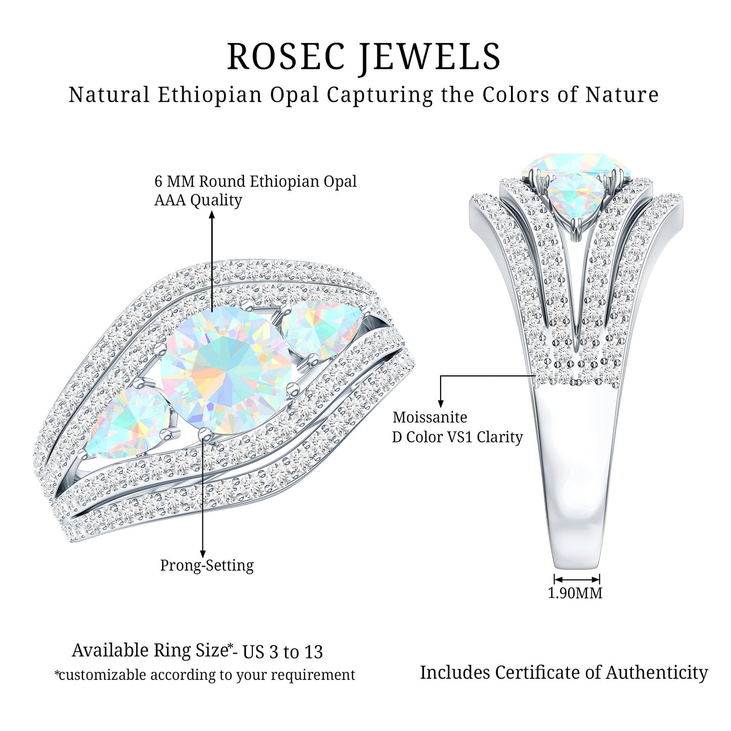 Real Ethiopian Opal 3 Stone Engagement Ring with Moissanite