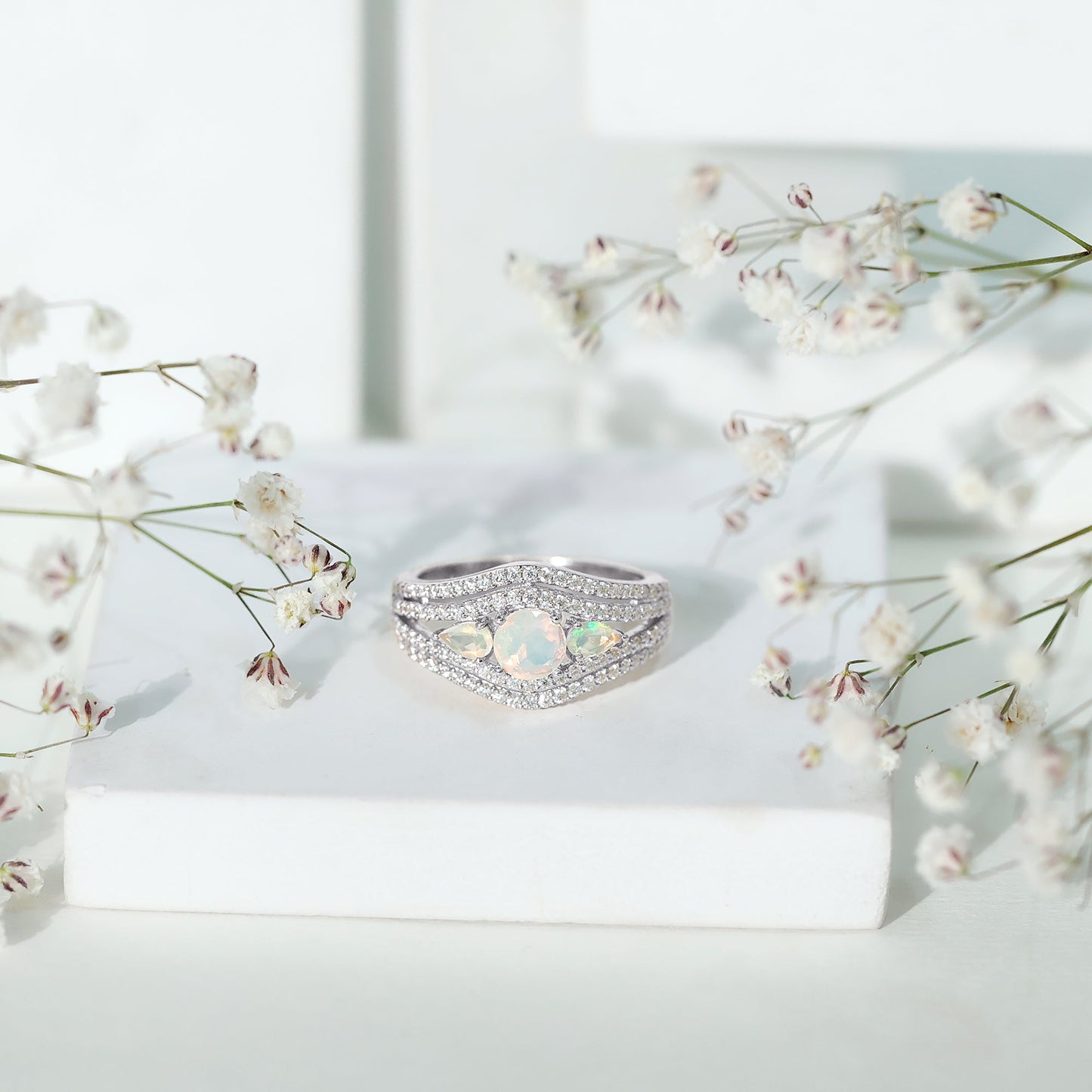 Real Ethiopian Opal 3 Stone Engagement Ring with Moissanite