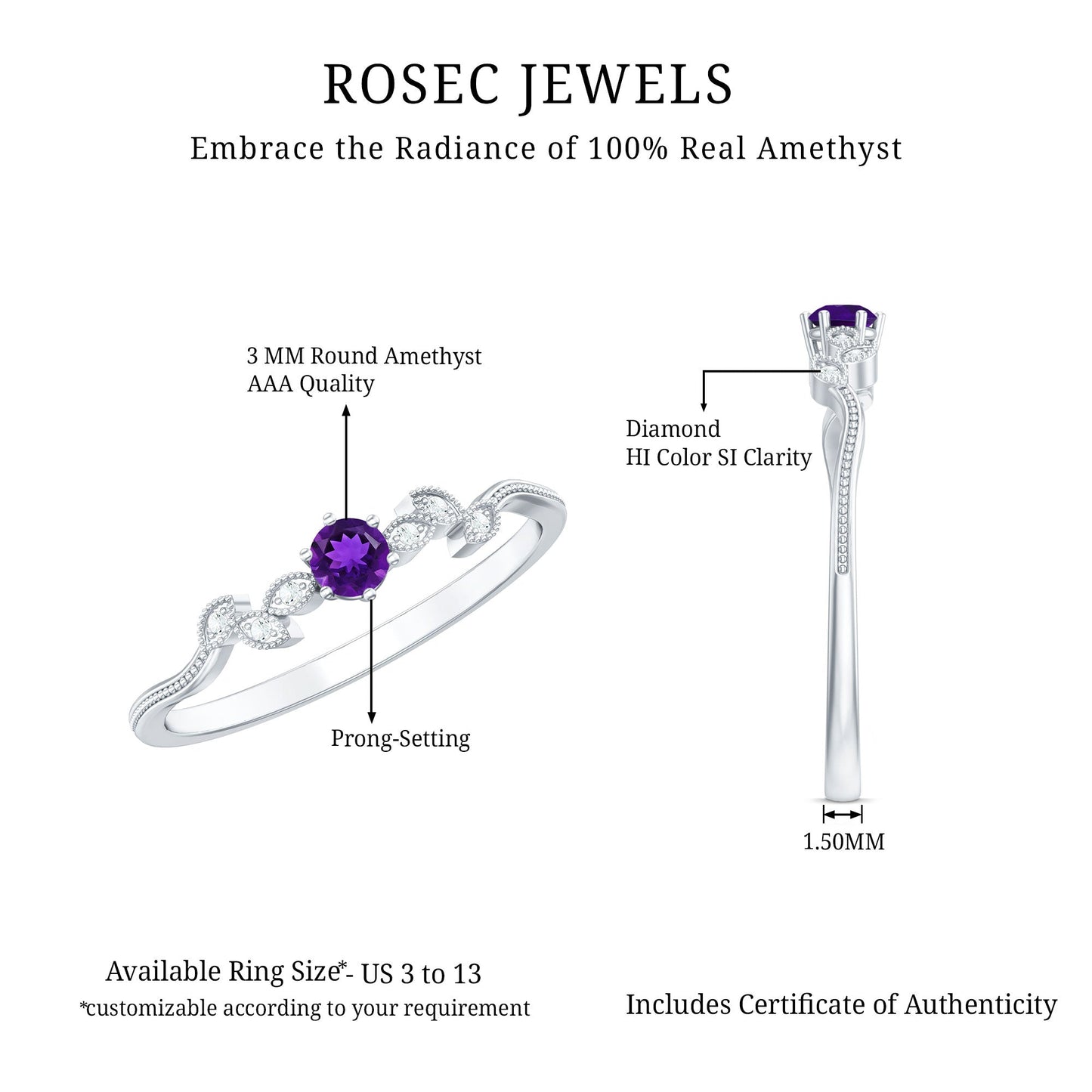 Nature Inspired Amethyst Promise Ring with Diamond