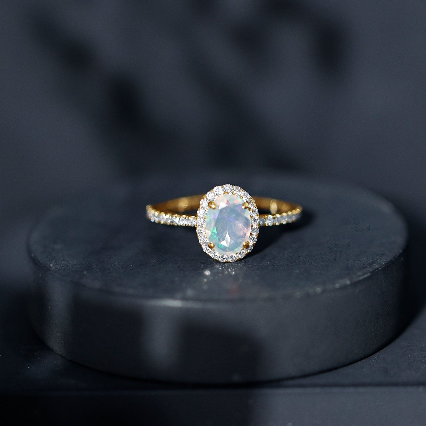Certified Real 1.2 Carat Ethiopian Opal Oval Engagement Ring with Diamond Halo