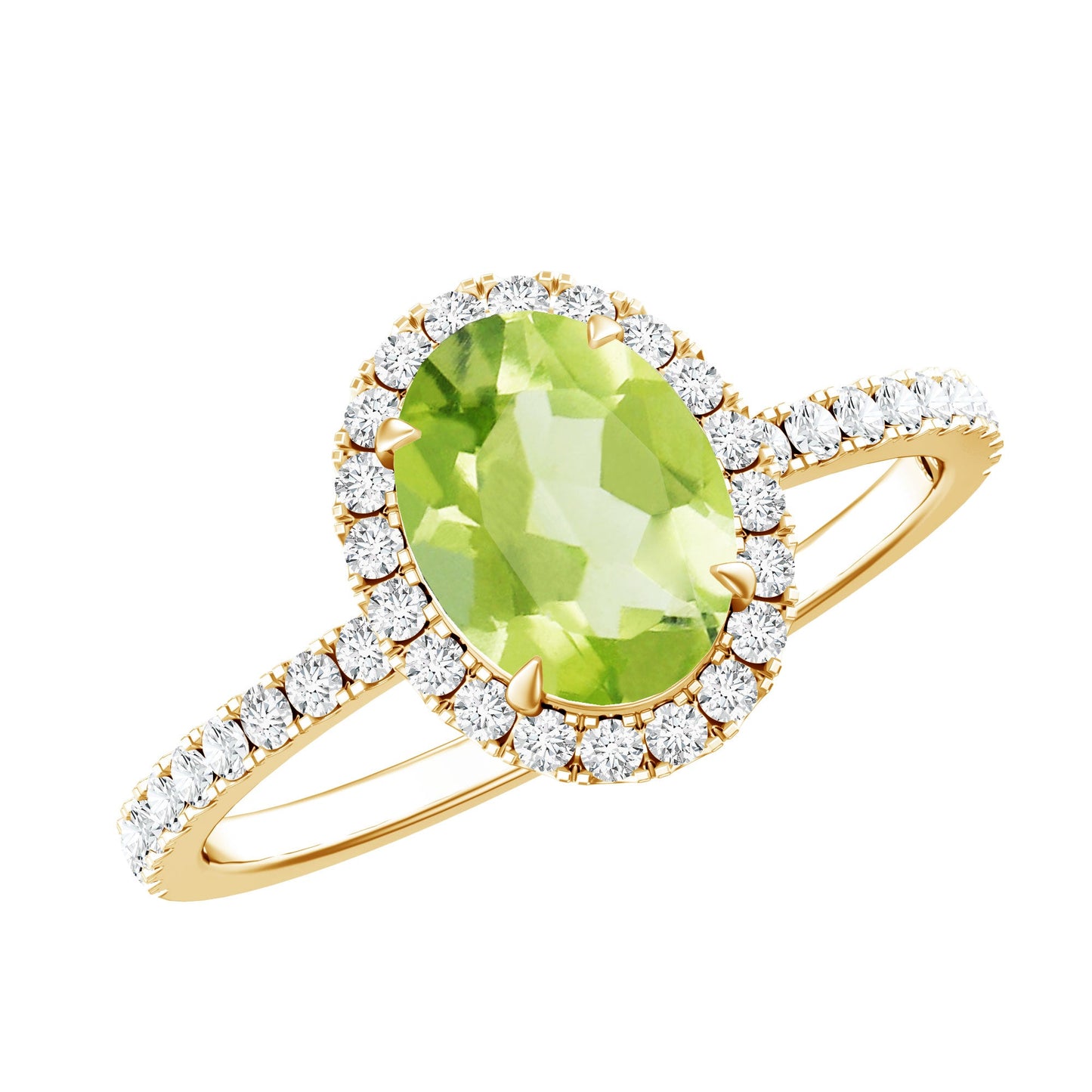 Natural 1 Carat Peridot Oval Engagement Ring with Diamond Halo
