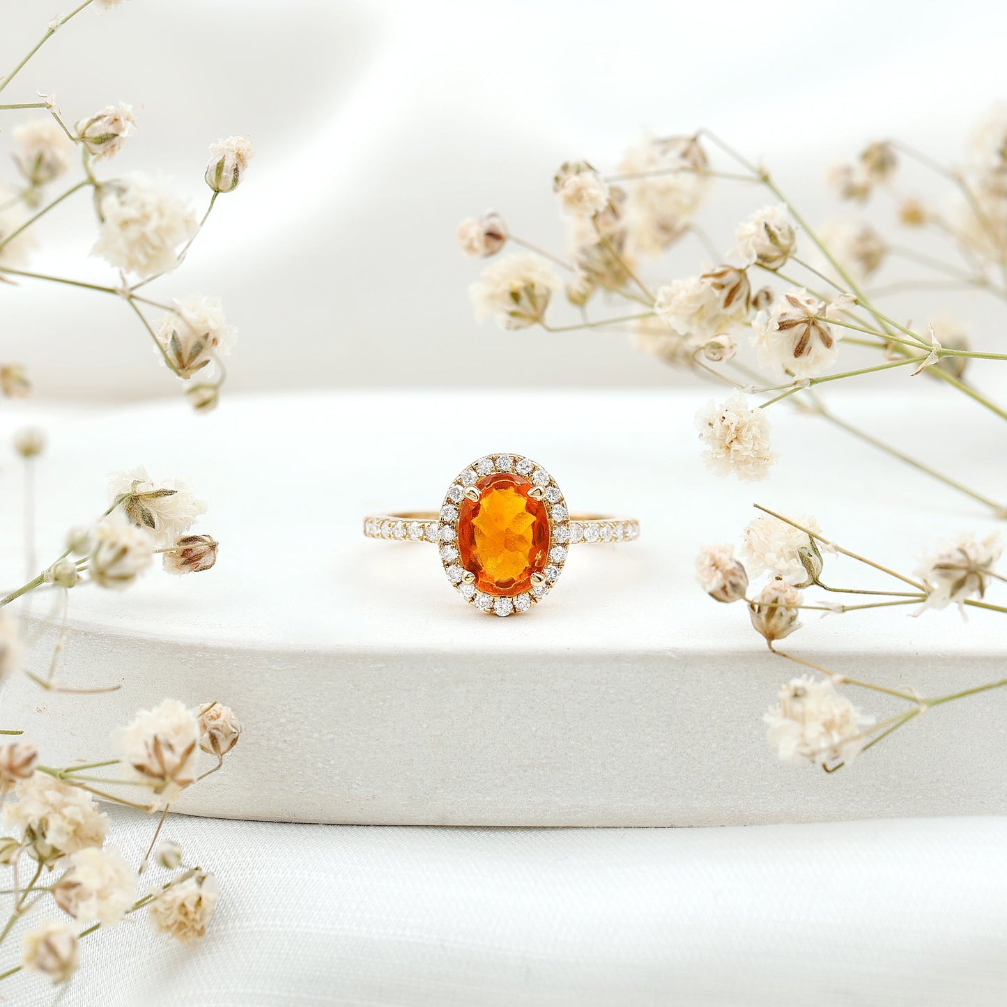 Oval 1 Carat Fire Opal Engagement Ring with Diamond Halo