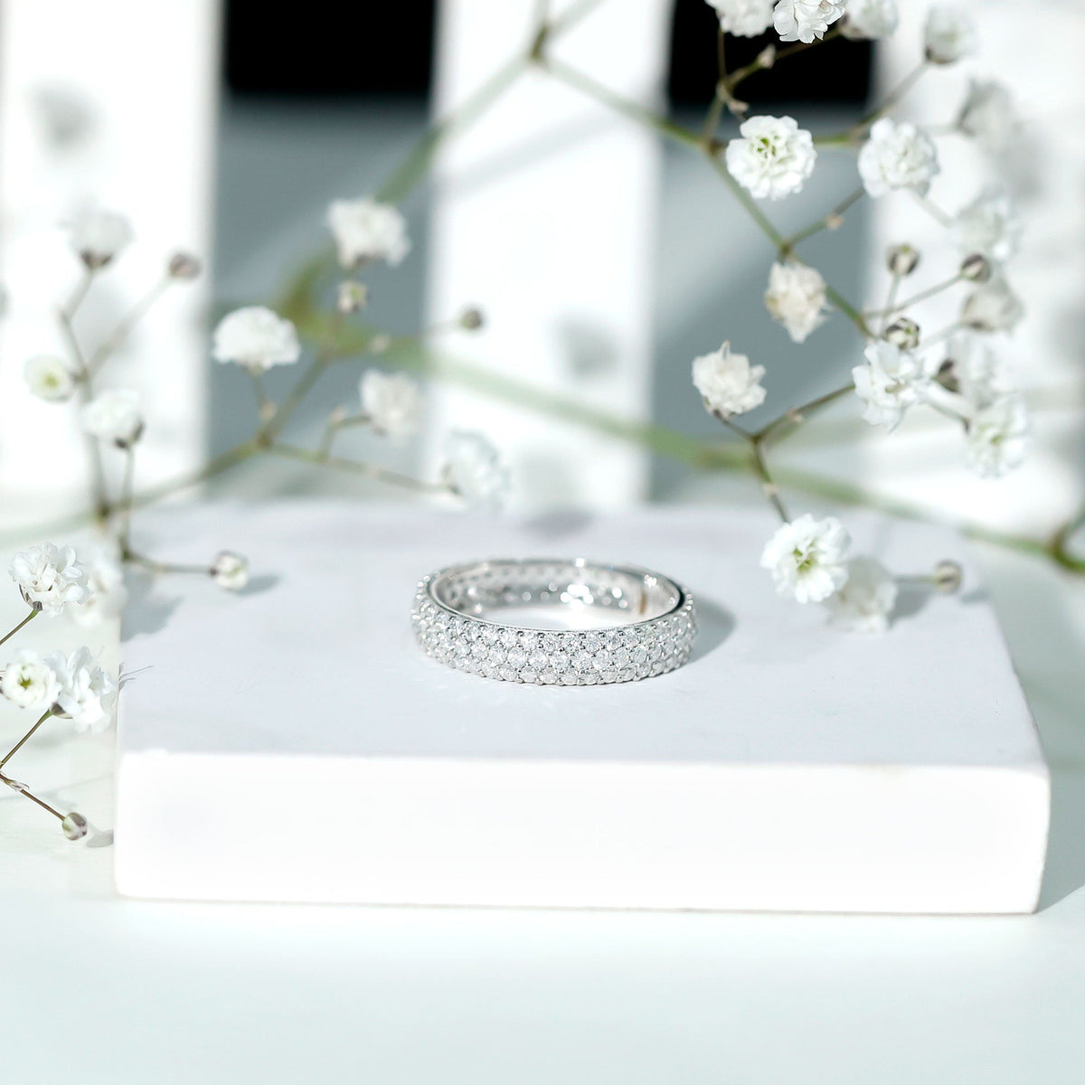Triple Row Moissanite Classic Wedding Ring Band for Women