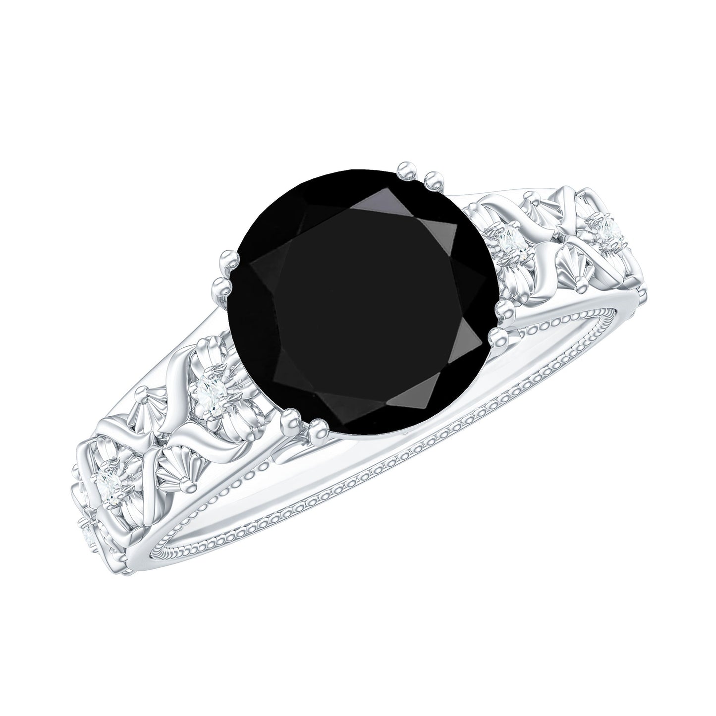 2 Carat Round Black Onyx Solitaire Antique Looking Engagement Ring with Diamond