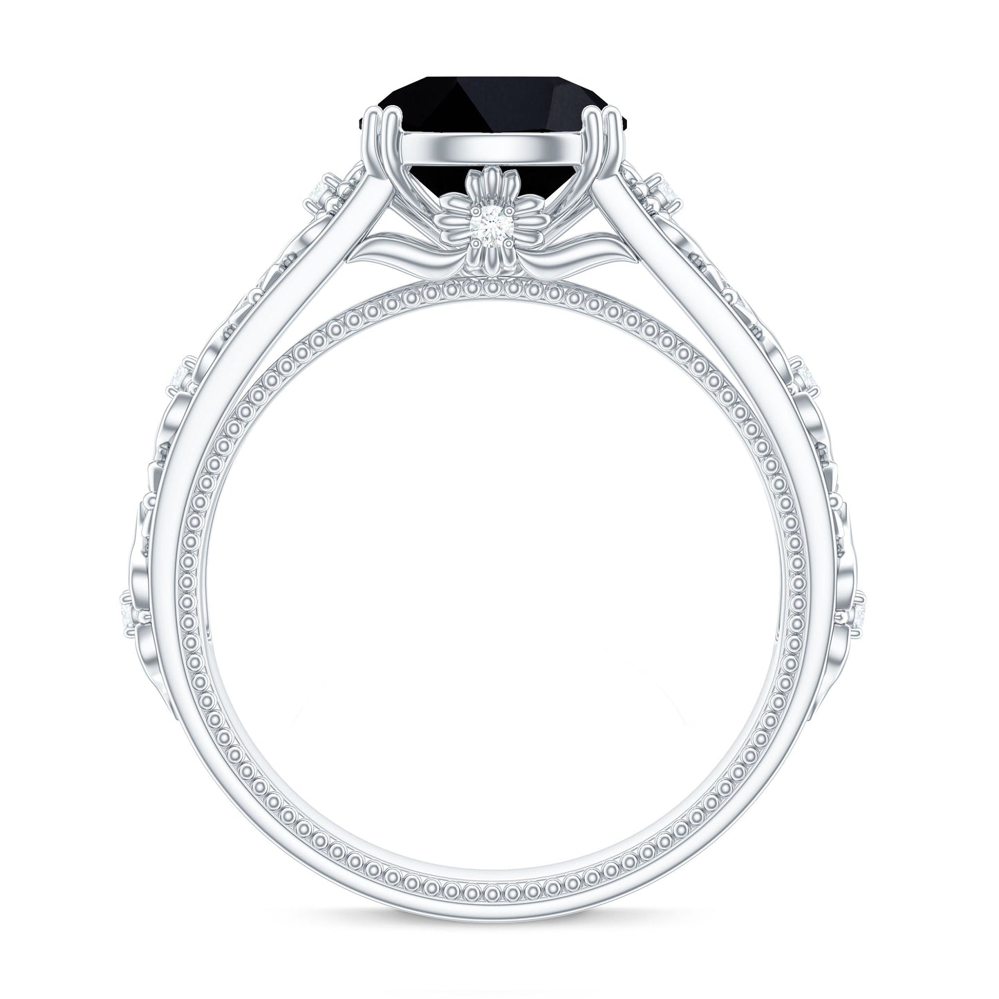 2 Carat Round Black Onyx Solitaire Antique Looking Engagement Ring with Diamond