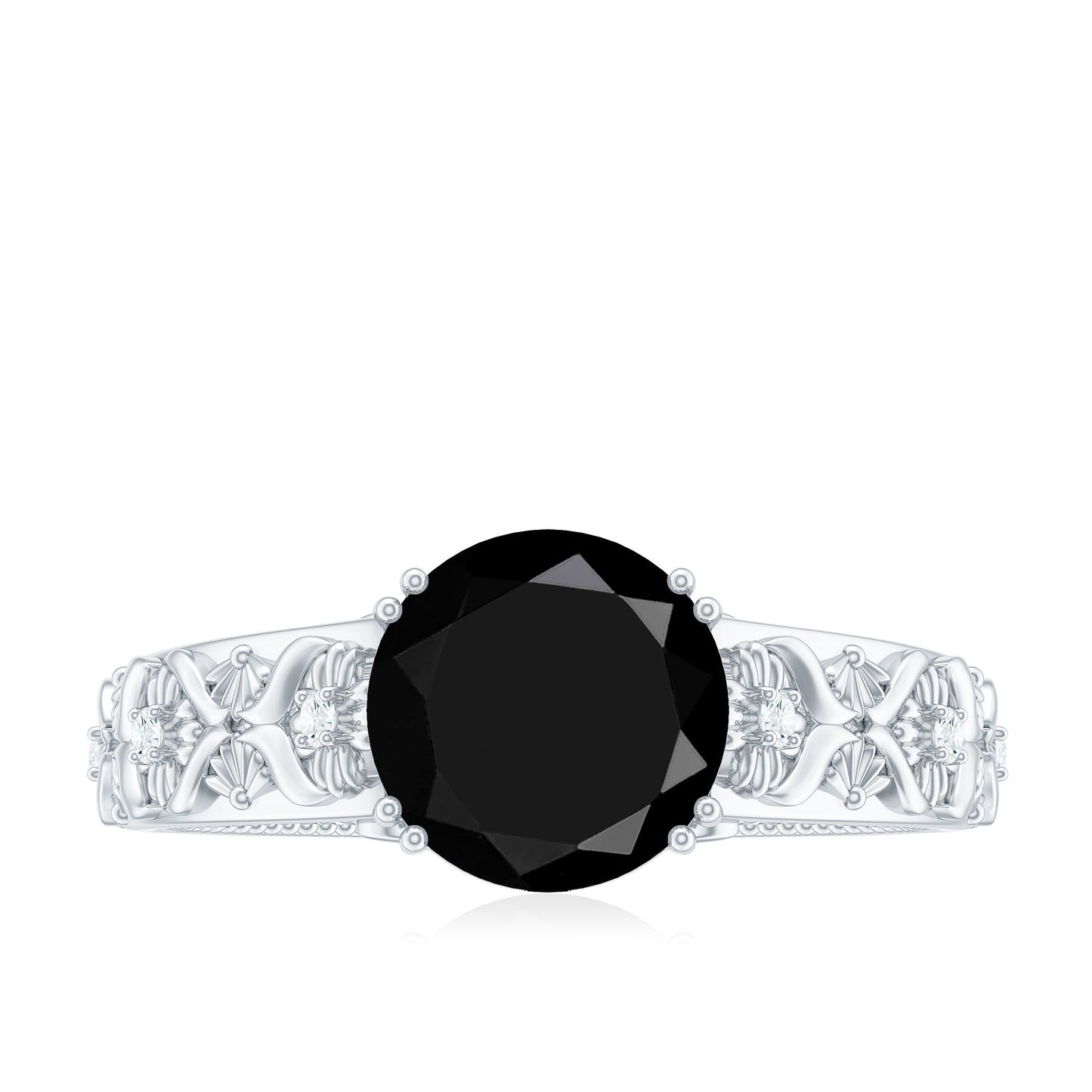 2 Carat Round Black Onyx Solitaire Antique Looking Engagement Ring with Diamond