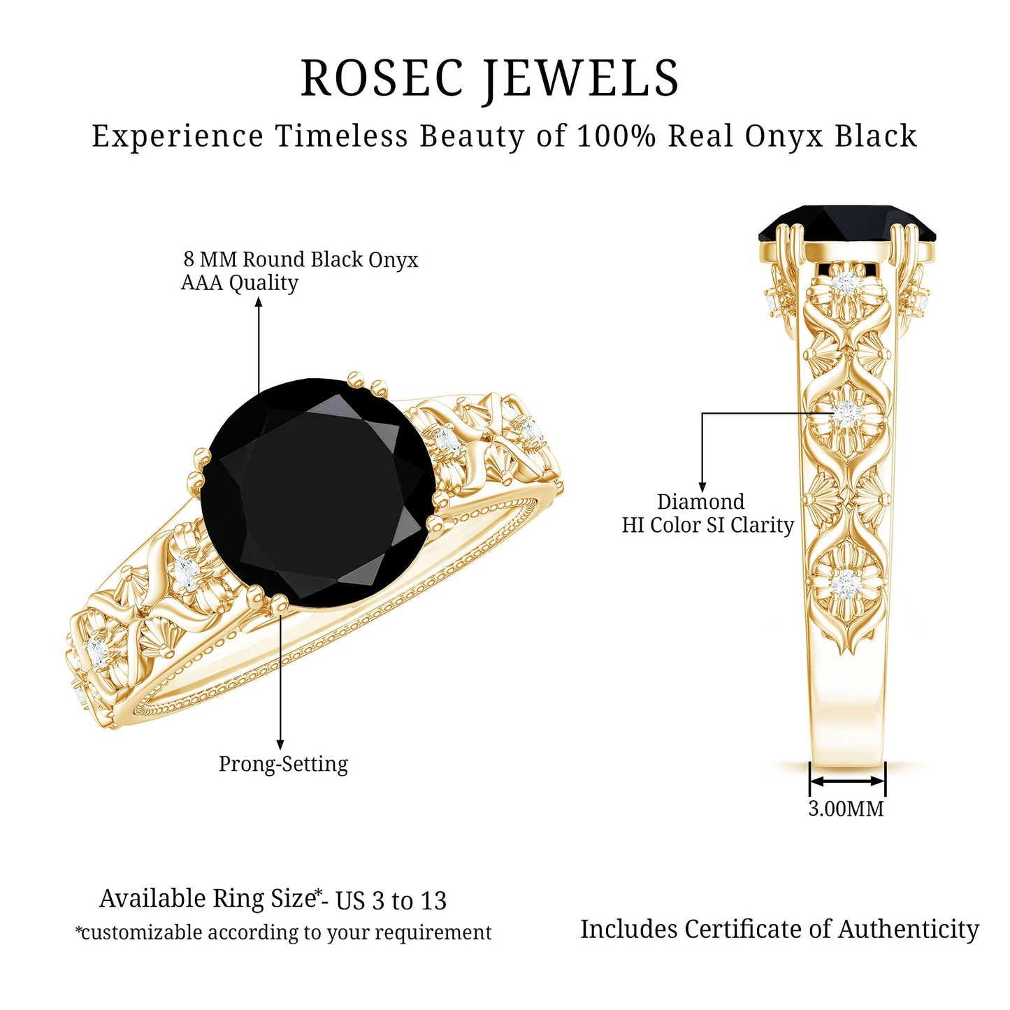 2 Carat Round Black Onyx Solitaire Antique Looking Engagement Ring with Diamond