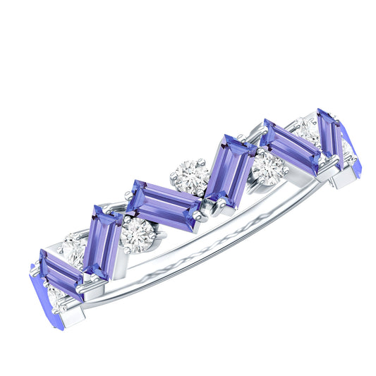 Baguette Cut Tanzanite and Diamond Half Eternity Stackable Ring