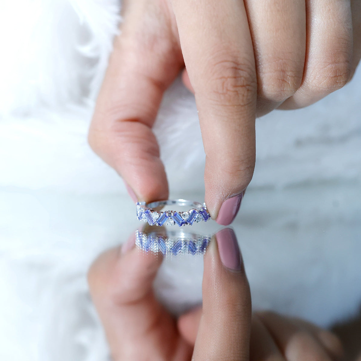 Baguette Cut Tanzanite and Diamond Half Eternity Stackable Ring