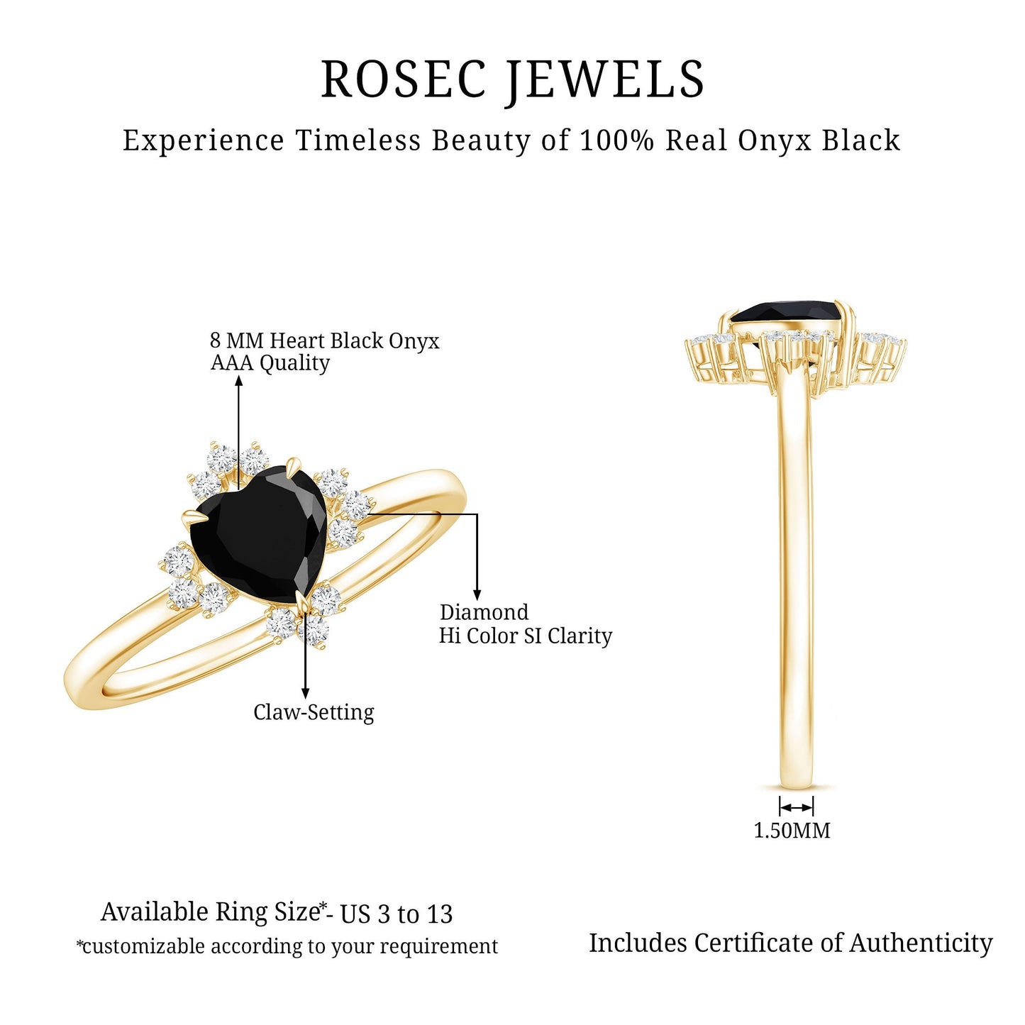 2 Carat Heart Shape Black Onyx Solitaire Engagement Ring with Diamond Accent