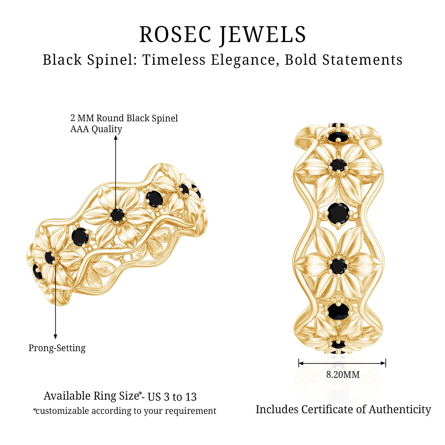 Natural Black Spinel Flower Band Ring for Women