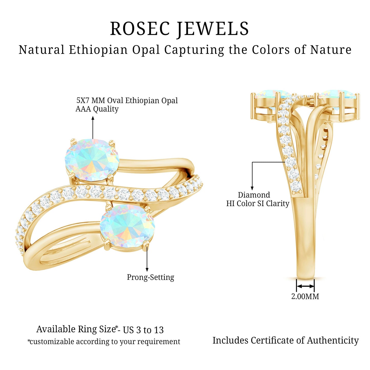 Natural Oval Ethiopian Opal Diamond Toi Et Moi Engagement Ring with Bypass Shank