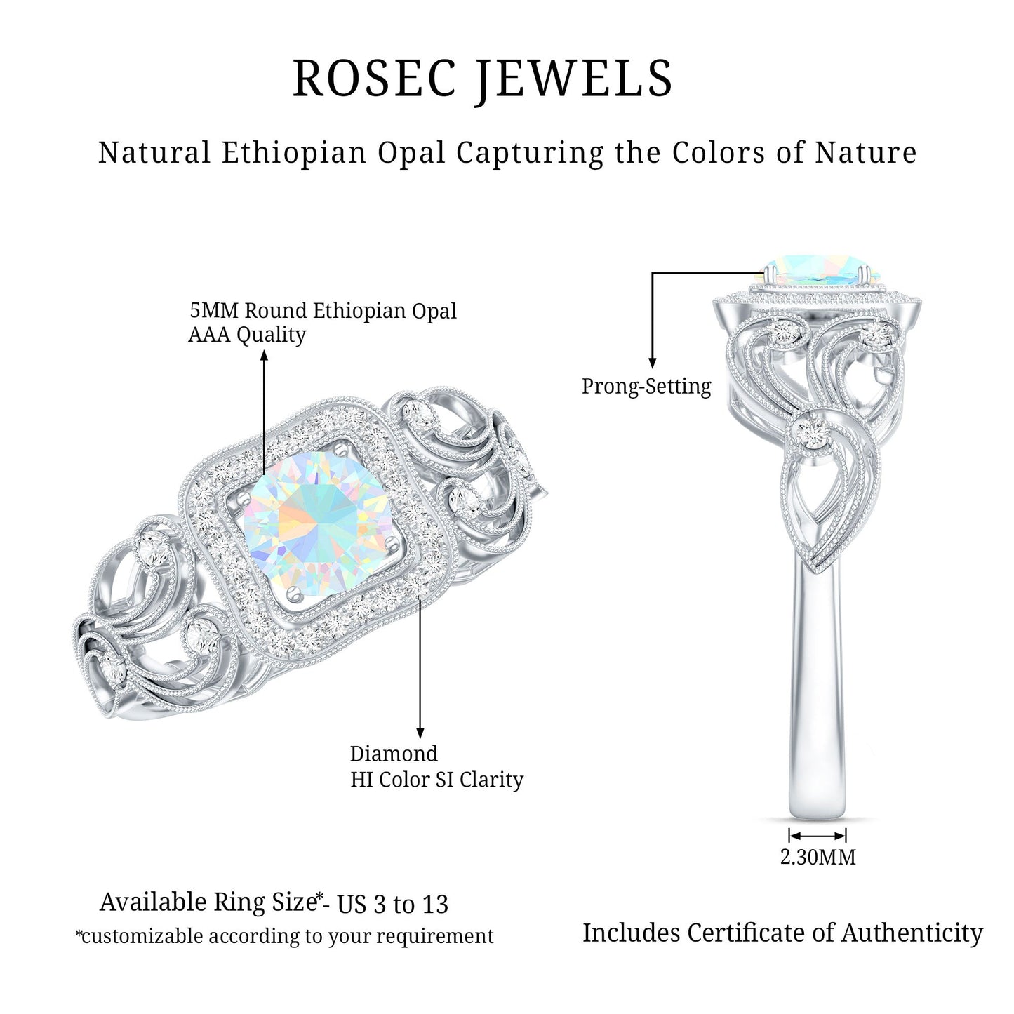 Certified Real Ethiopian Opal Retro Engagement Ring with Diamond