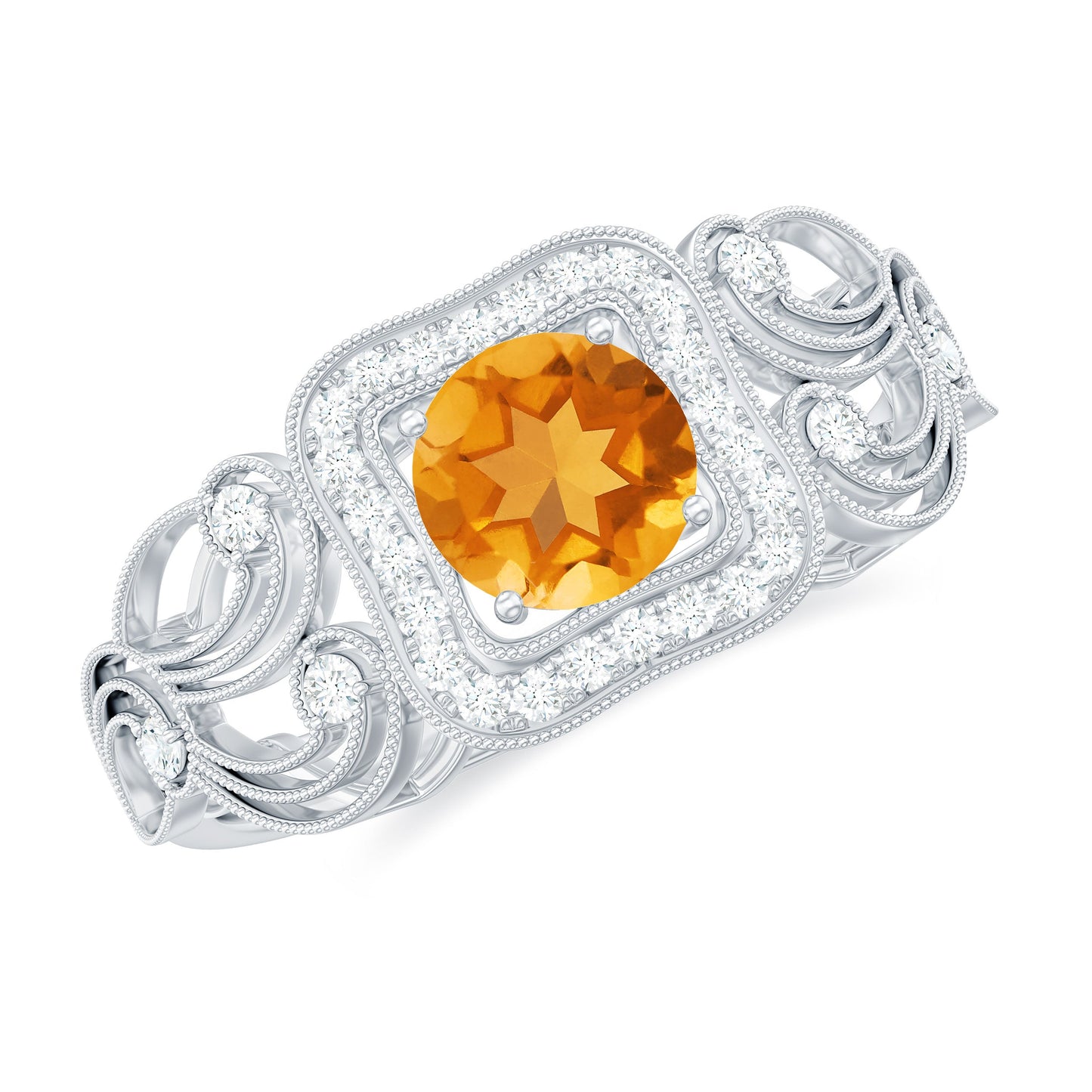 Natural Citrine Retro Engagement Ring with Diamond
