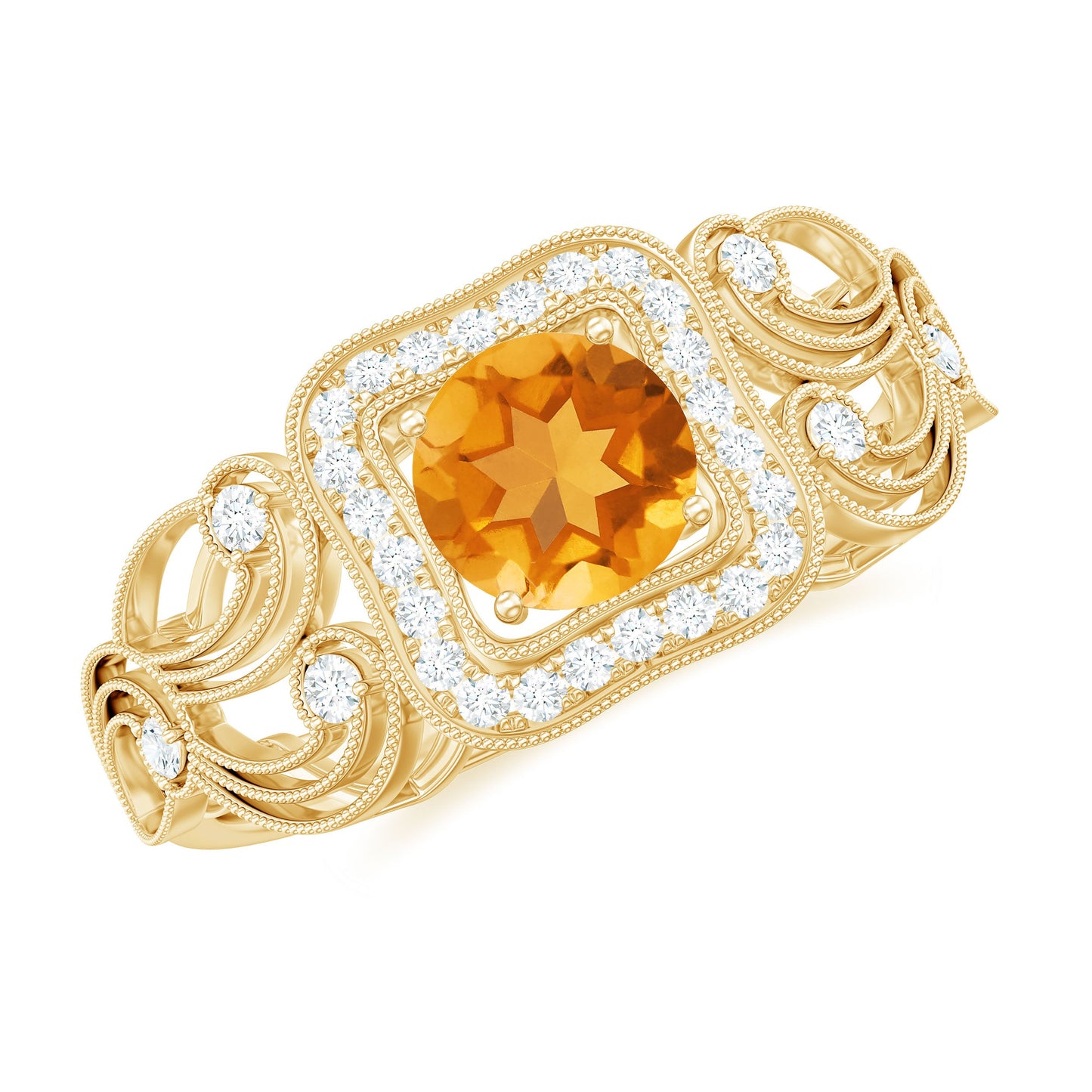 Natural Citrine Retro Engagement Ring with Diamond