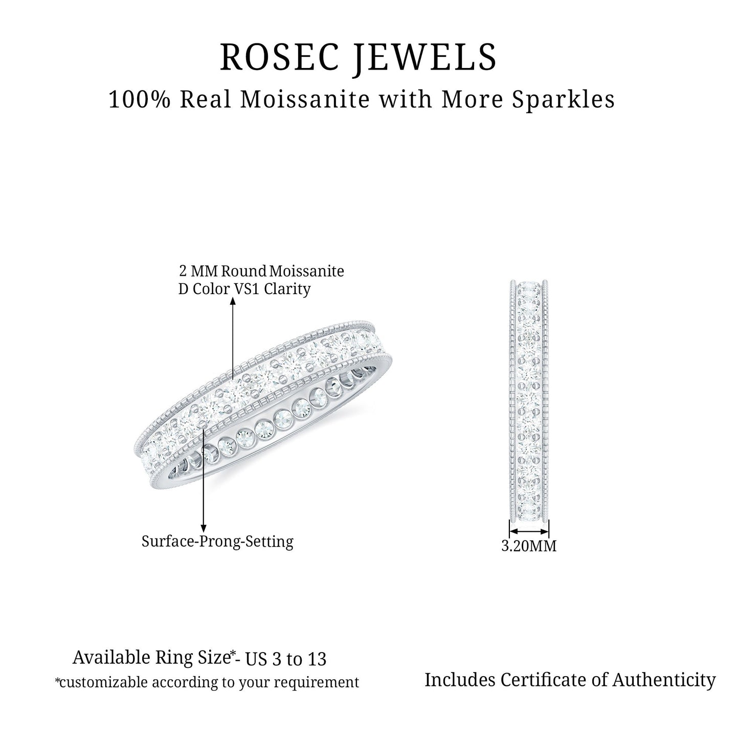 Moissanite Band Ring with Milgrain Detailing