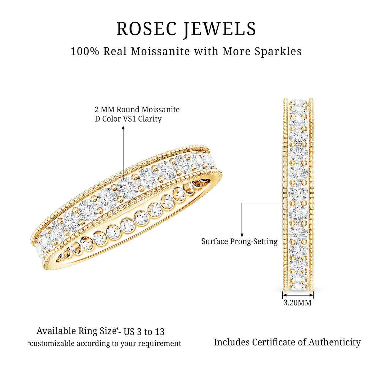 Moissanite Band Ring with Milgrain Detailing