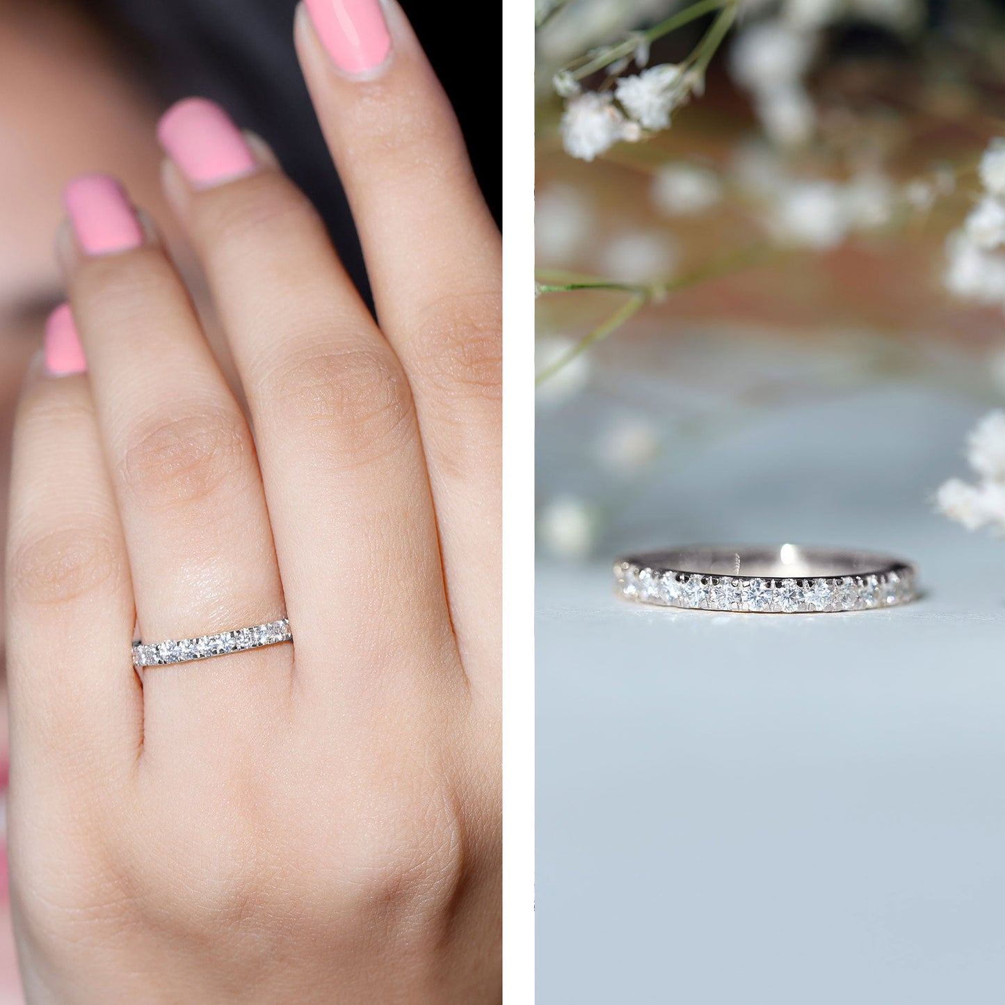 Certified French Pave Set Moissanite Stackable Full Eternity Ring