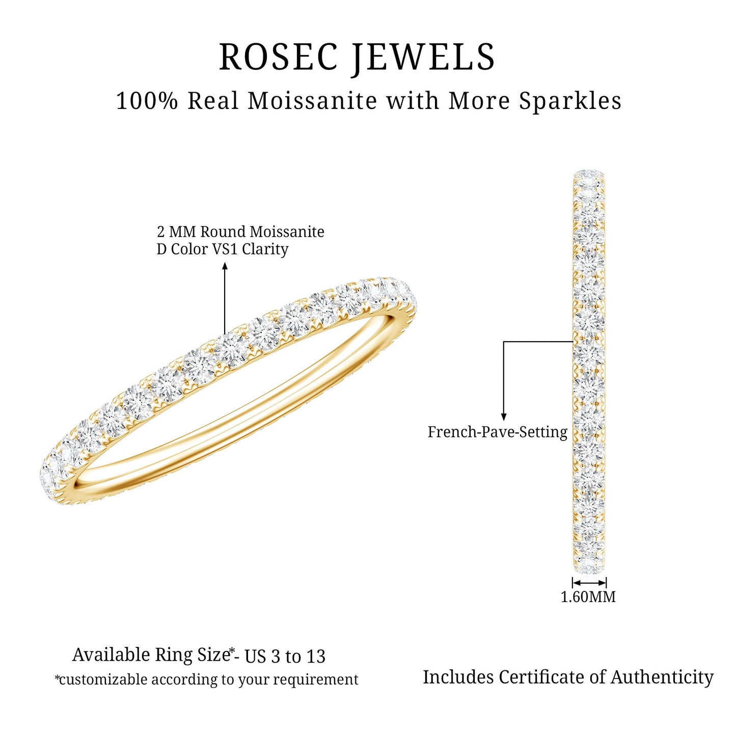 Certified French Pave Set Moissanite Stackable Full Eternity Ring