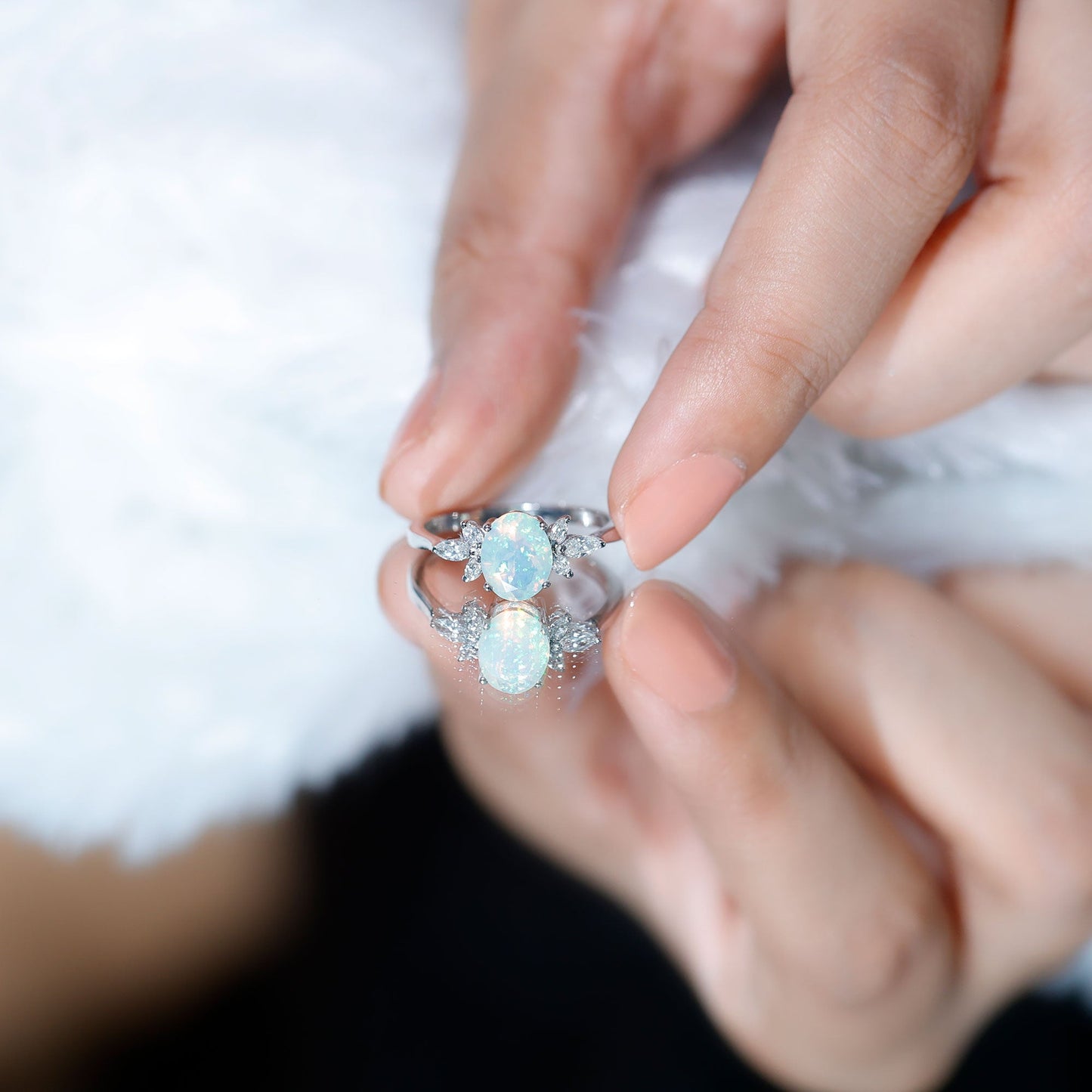1.2 Carat Natural Rainbow Opal Oval Engagement Ring with Diamond