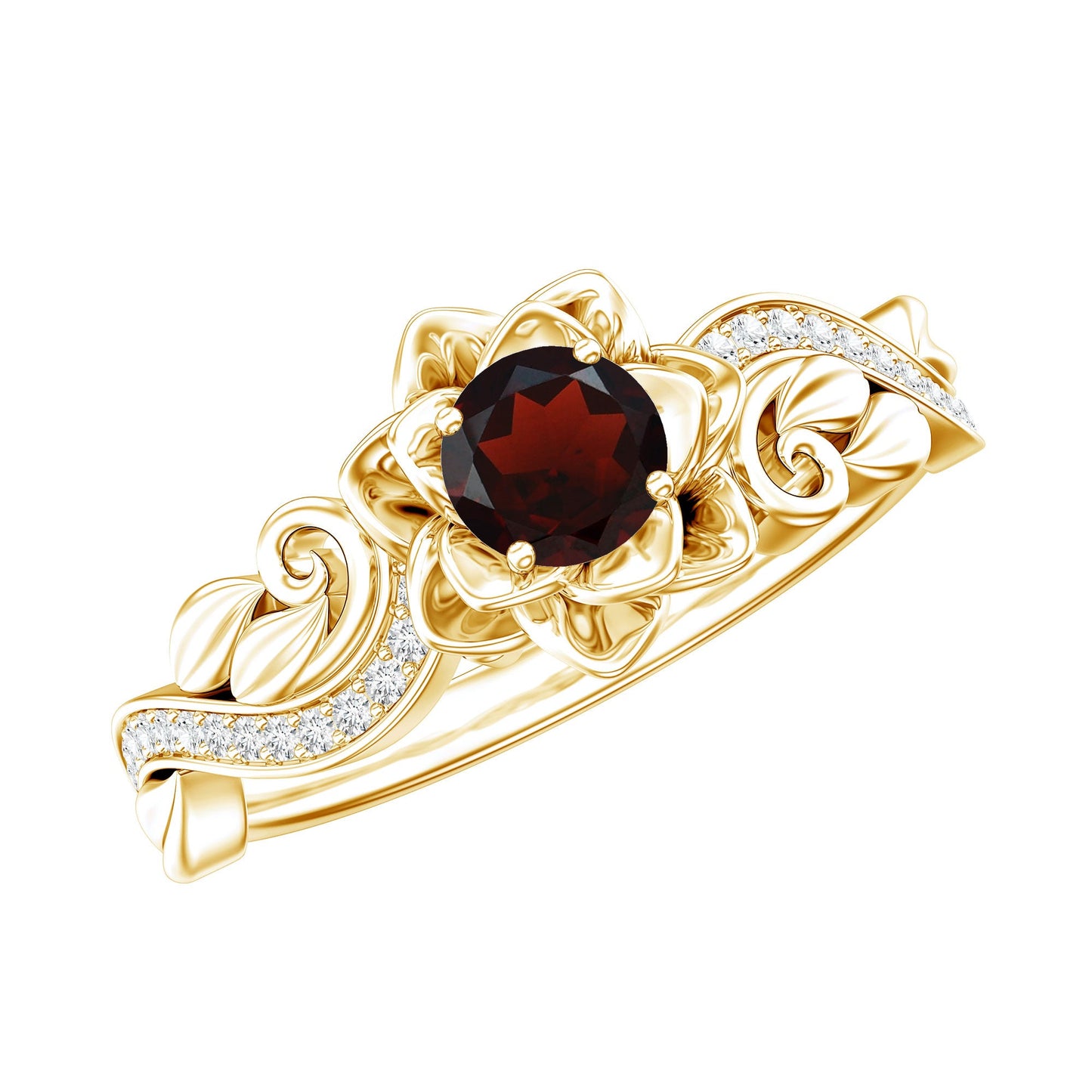 Certified Natural Garnet Rose Flower Engagement Ring with Diamond