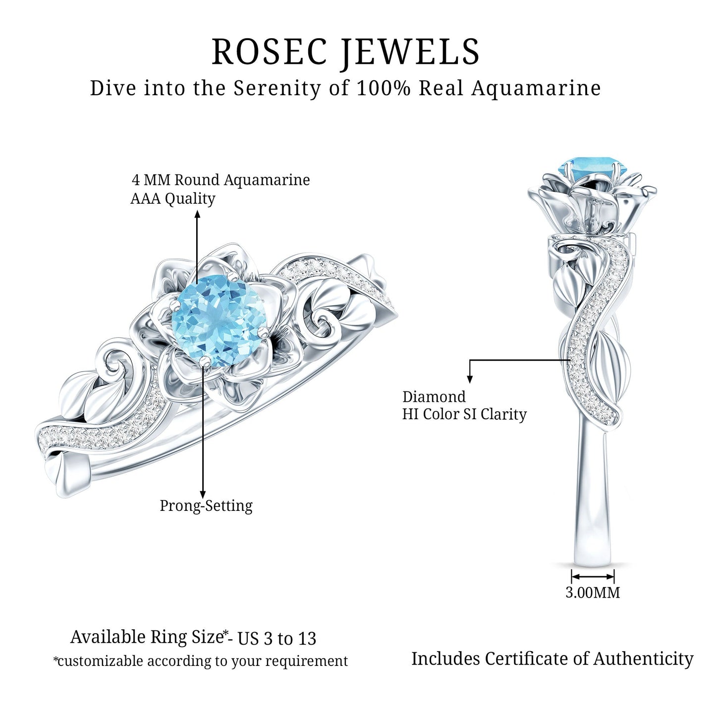 Natural Aquamarine Flower Inspired Engagement Ring With Diamond