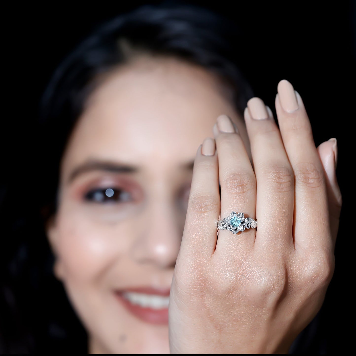 Natural Aquamarine Flower Inspired Engagement Ring With Diamond
