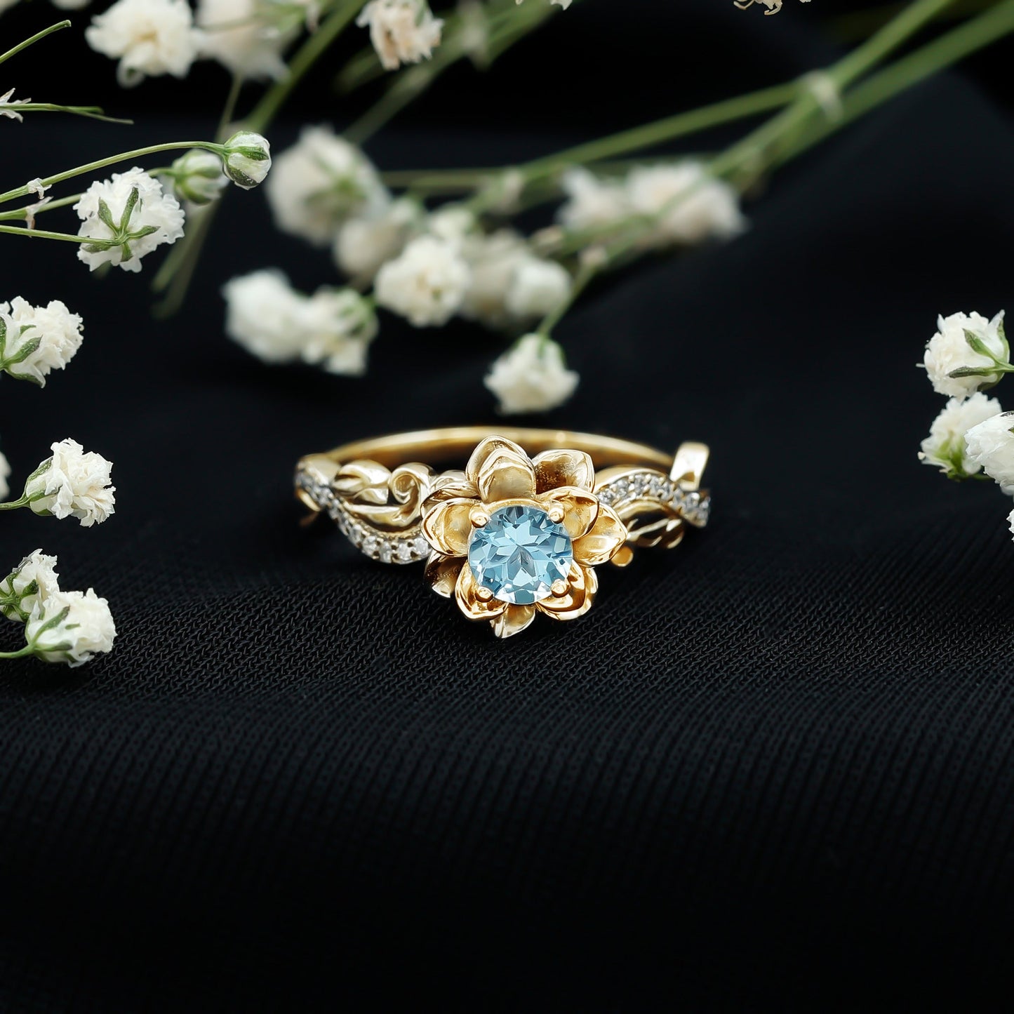 Natural Aquamarine Flower Inspired Engagement Ring With Diamond