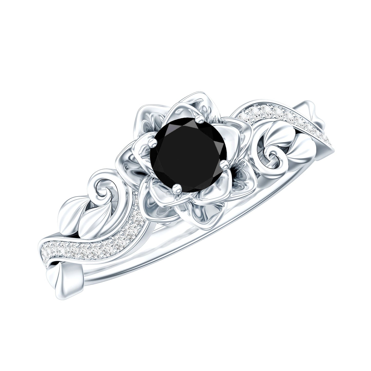 Nature Inspired Black Onyx and Diamond Floral Engagement Ring