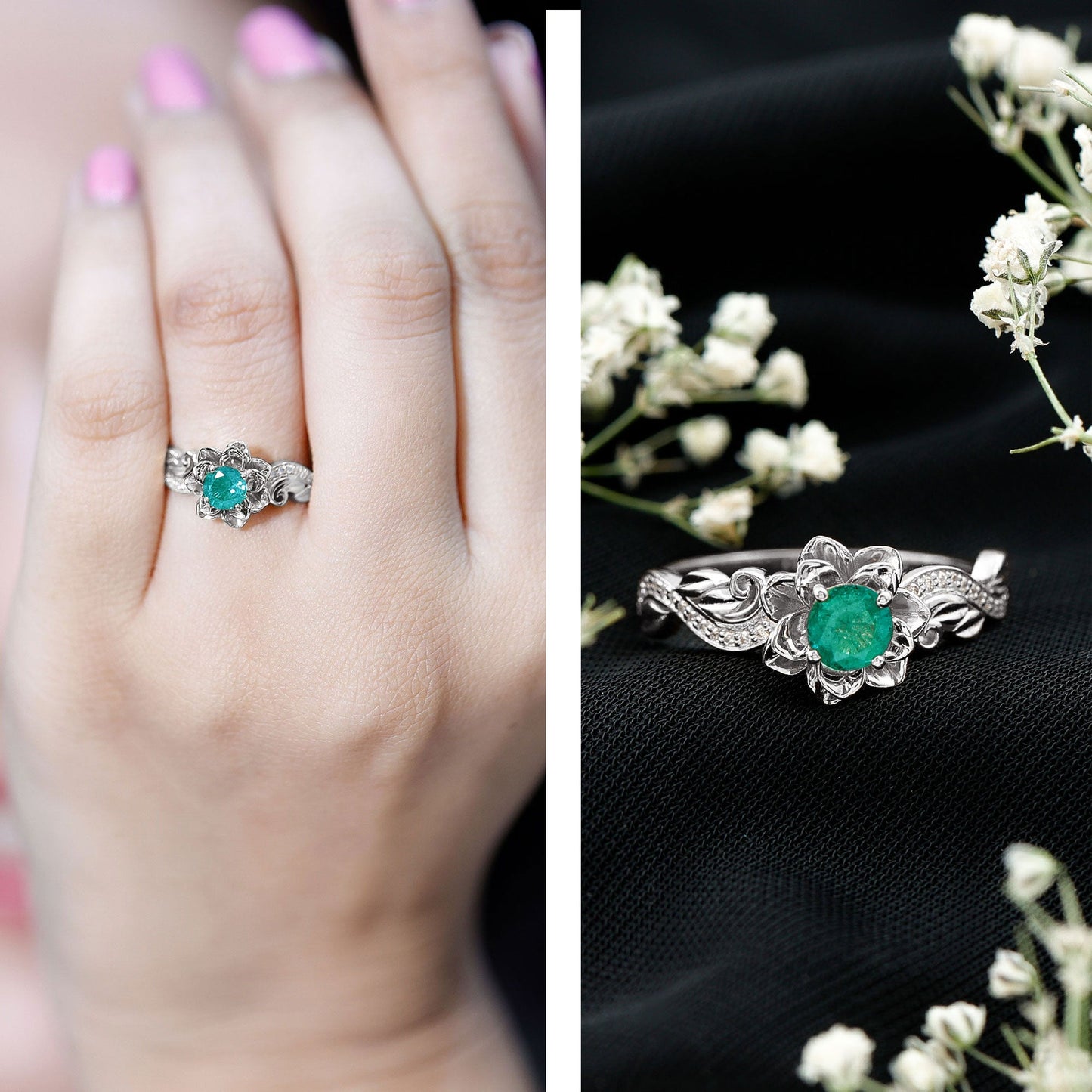 Natural Emerald Flower Engagement Ring with Diamond