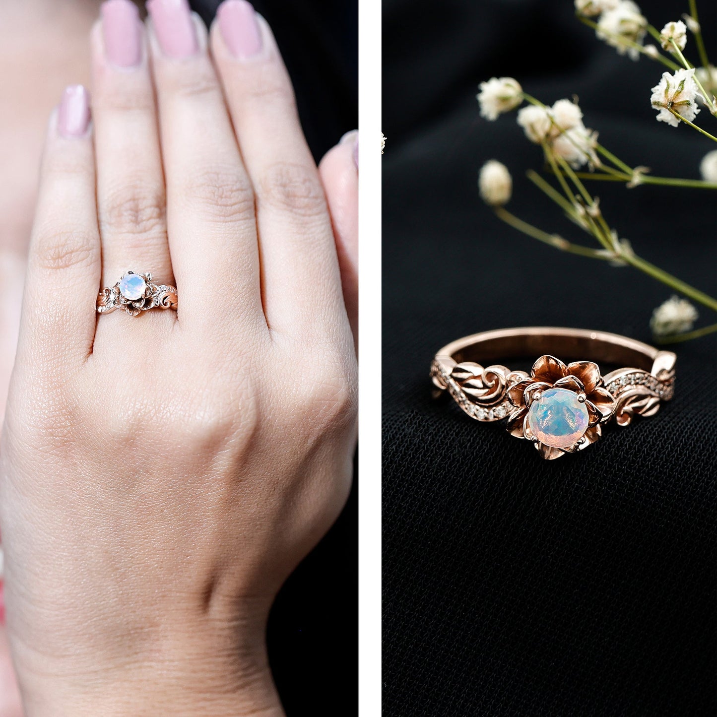 Genuine Ethiopian Opal Flower Engagement Ring With Real Diamond