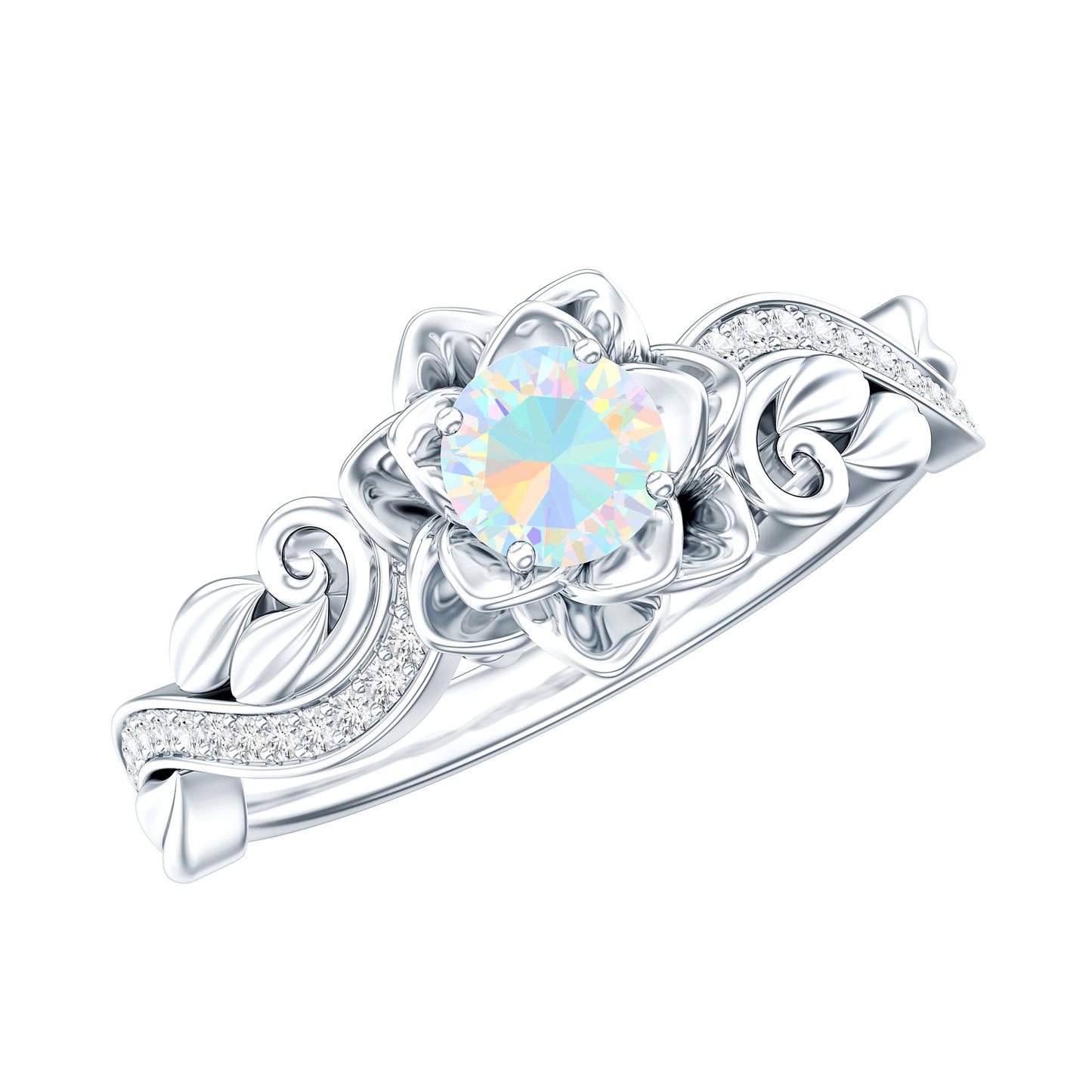 Genuine Ethiopian Opal Flower Engagement Ring With Real Diamond