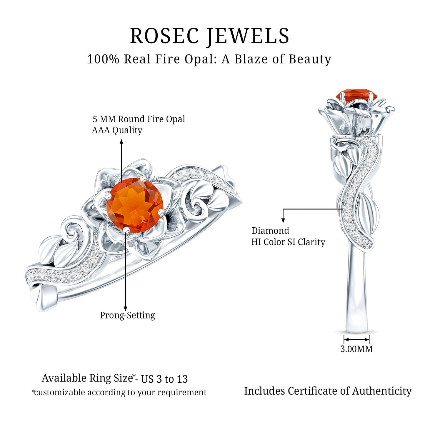 Nature Inspired Fire Opal and Diamond Engagement Ring with Certificate