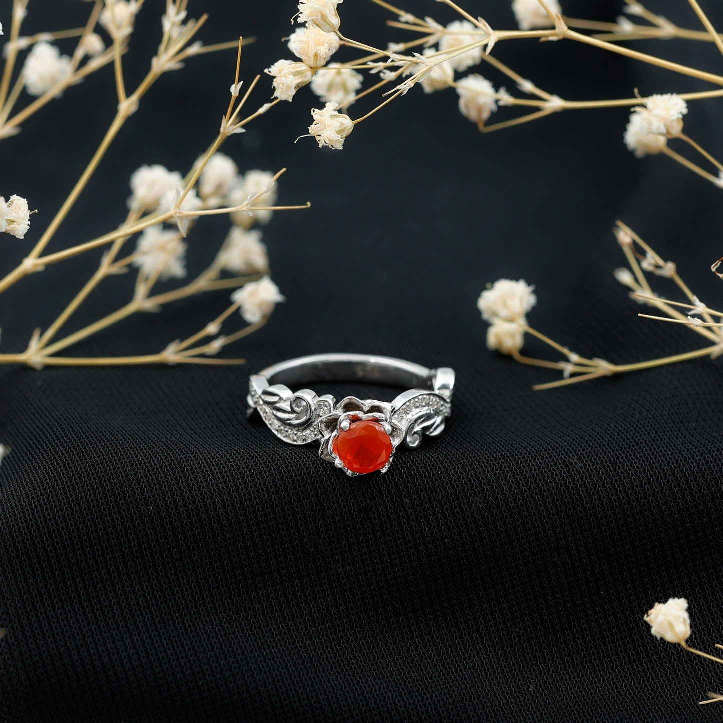 Nature Inspired Fire Opal and Diamond Engagement Ring with Certificate