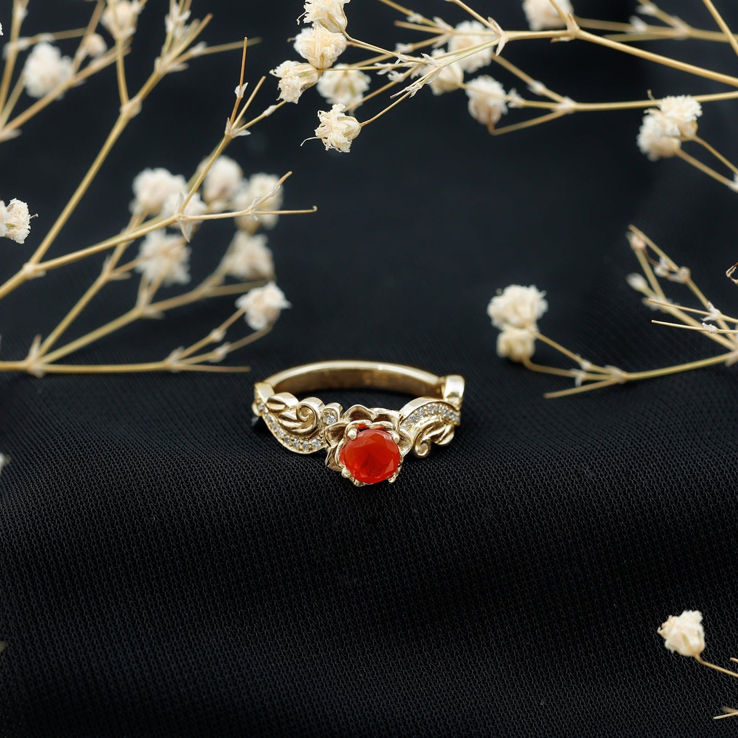 Nature Inspired Fire Opal and Diamond Engagement Ring with Certificate