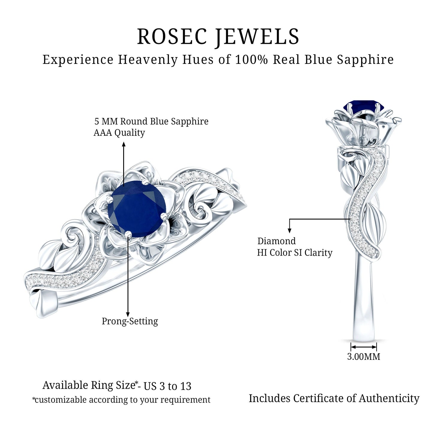 Rose Flower Engagement Ring with Genuine Blue Sapphire and Diamond