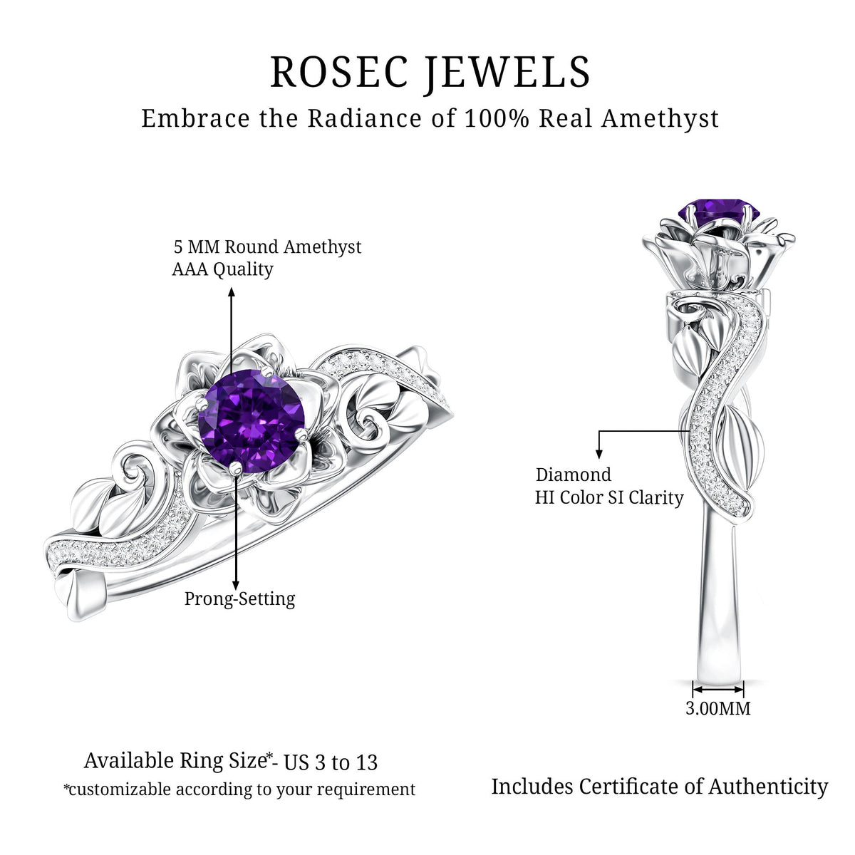Real Amethyst Nature Inspired Engagement Ring With Diamond