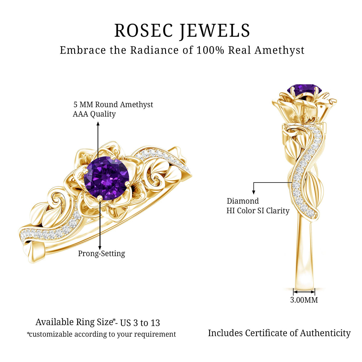 Real Amethyst Nature Inspired Engagement Ring With Diamond