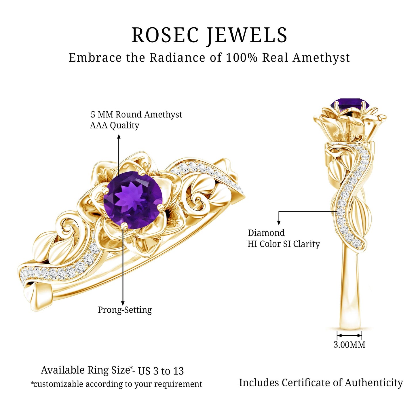 Real Amethyst Nature Inspired Engagement Ring With Diamond