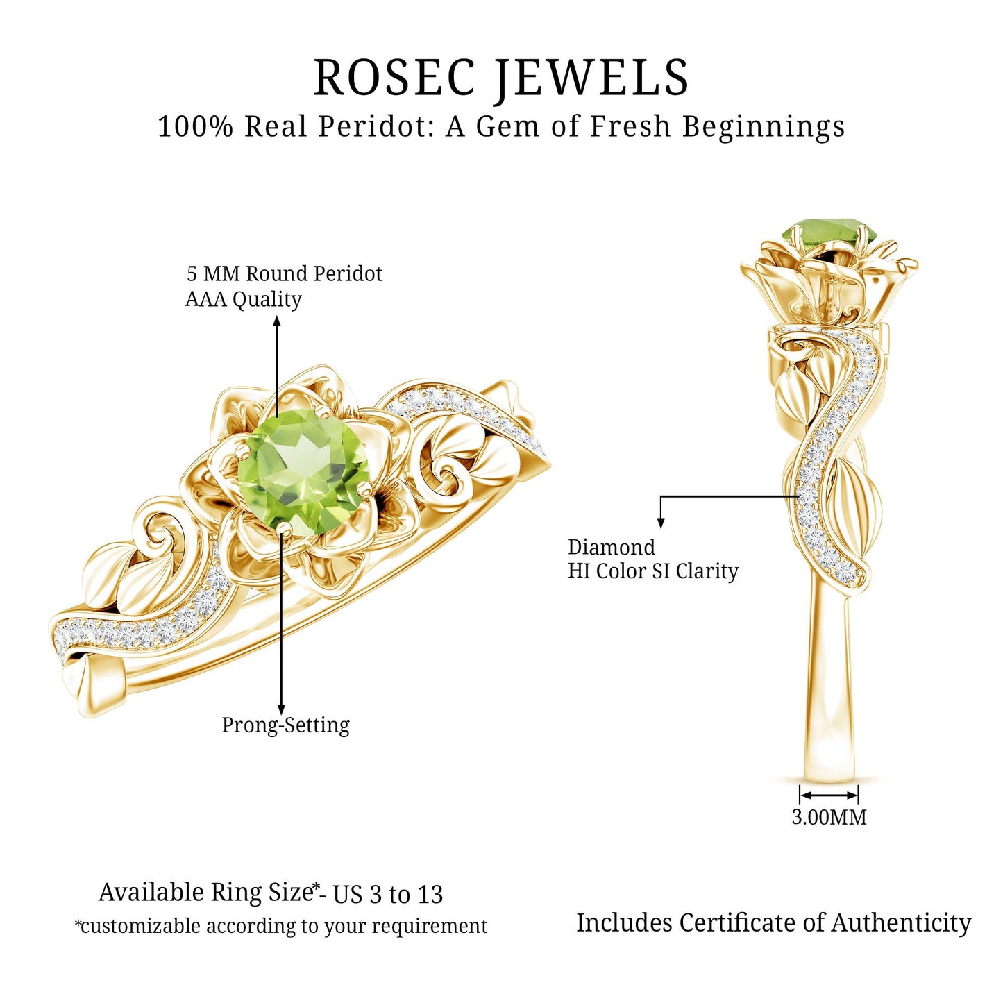 Genuine Peridot and Diamond Flower Inspired Engagement Ring